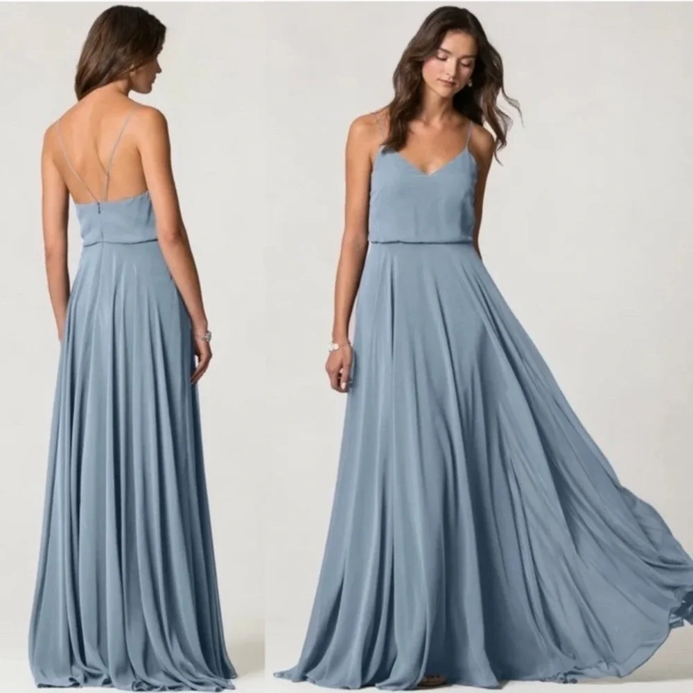 Jenny Yoo Inesse Chiffon Gown Size 6 Bridesmaid Dress Stormy Blue Gray Wedding
